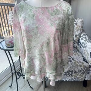 Alex Evenings Asymmetrical Pink/Green Ruffled Blouse Sz M